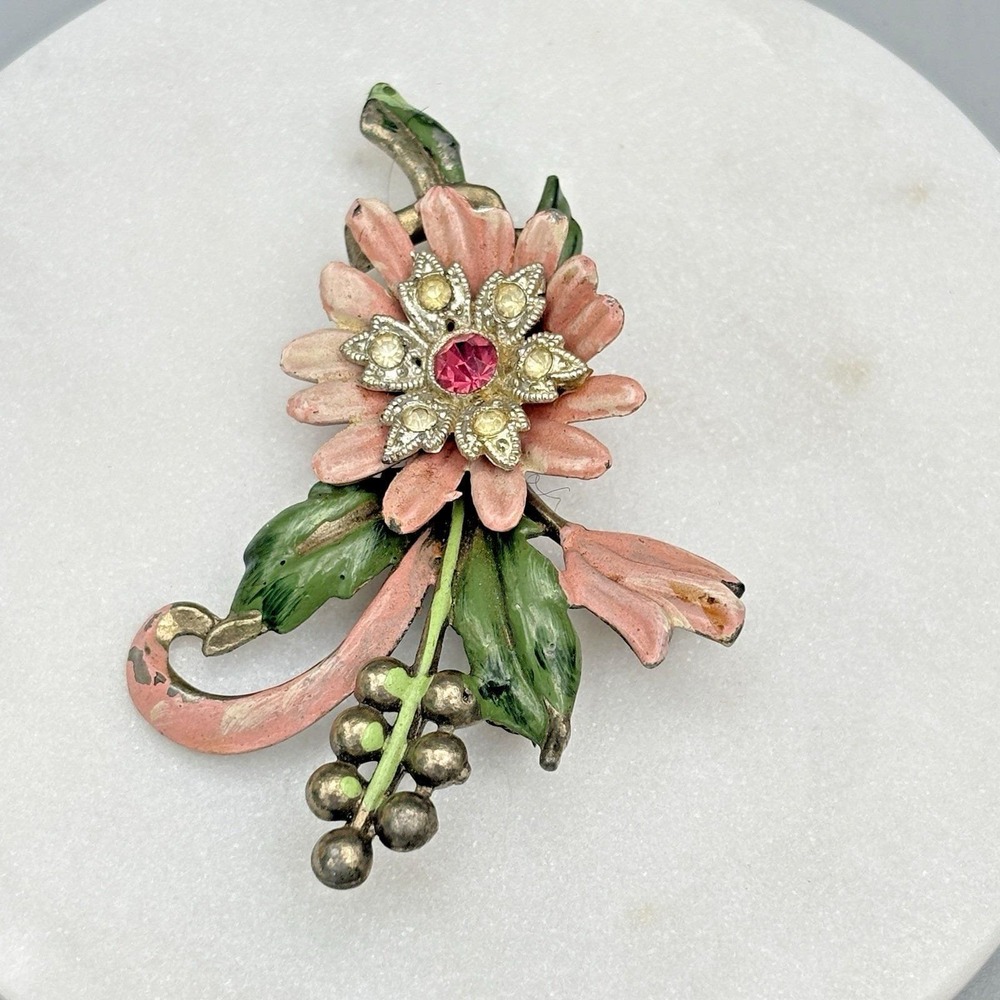 Vintage Pot Metal Brooch Enamel Flowers Rhinestone Silver Tone